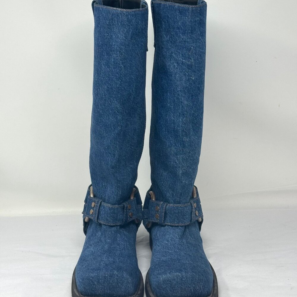 Acne Denim-Textured Midcalf Heeled Boots in Blue - Picture 2 of 5